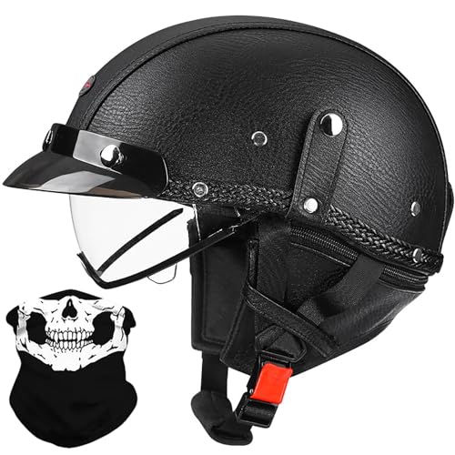 Demi-Casque Moto Rétro Casque Ouvert en Cuir Allemand, Homme Femme Vélo Cruiser Chopper Mobylette Scooter Casque Demi-Coquille Vintage avec écharpe...