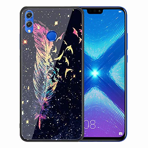 Urhause Tempered Glass Cover Compatible with Huawei Honor 8X Case Glossy Mirror Case Ultra Thin Starry Sky Hard Cover Feather Tempered Glass + Soft Silicone Skin Cover Bumper Anti-Scratch Cover