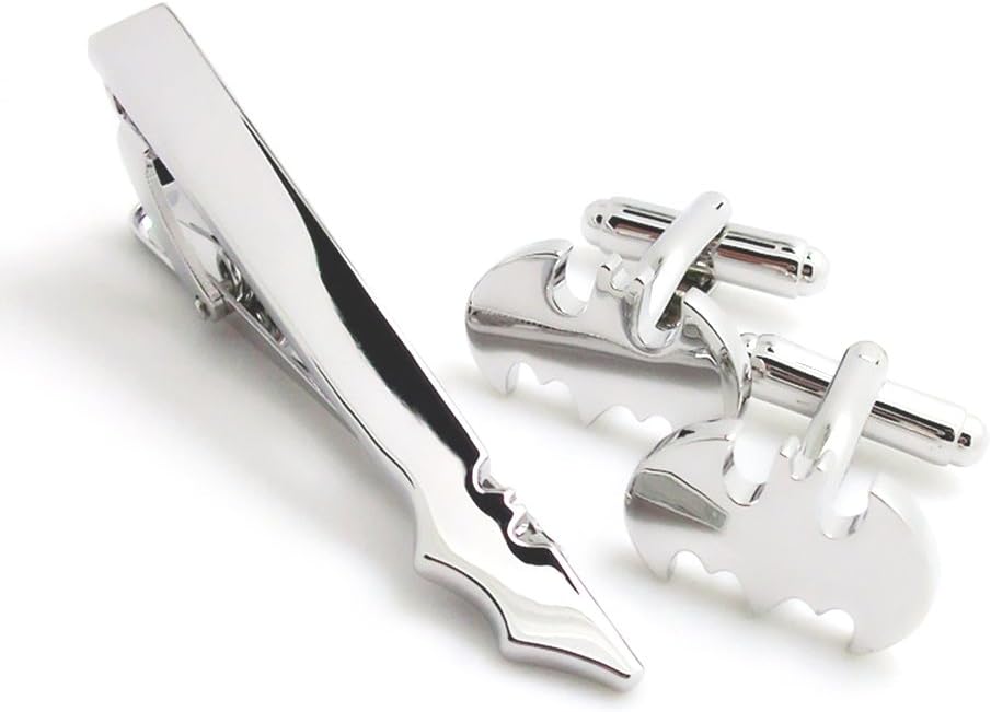 Super Hero Collection Silver Bat Men’s Classic Formal Occasions Cufflinks and Tie Clip Bar Set