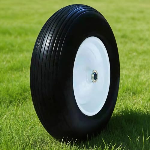 4.80/4.00-8 Tire, 16' Flat-Free Solid Tire and Wheel, 3' Centered Hub, 3/4' & 5/8' Bearing, Black Universal Replacement for Wheelbarrow, Cart, Trolley and Lawn Mower