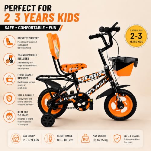 Image of Flash Baby Cycle for Kids 2-3Years | 10 Inch Bike with Training Wheels, Storage Basket, Comfortable Seat & Carrier
