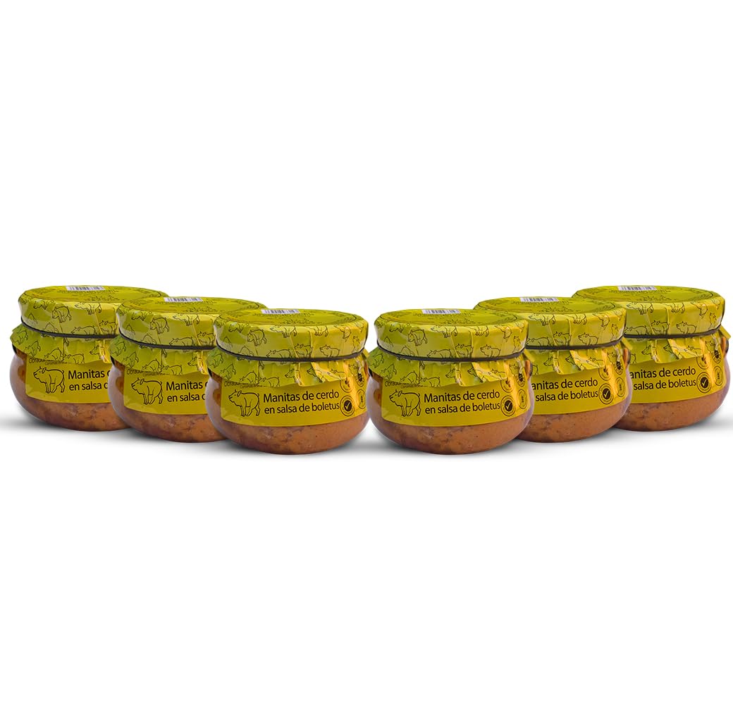 Manitas de cerdo 610grs (PACK de 6). Receta familiar, casera y artesana. Manitas de cerdo en salsa de boletus. Conservas Gourmet. Regalo original. 100% elaborado en España. Manitas de cerdo guisadas.