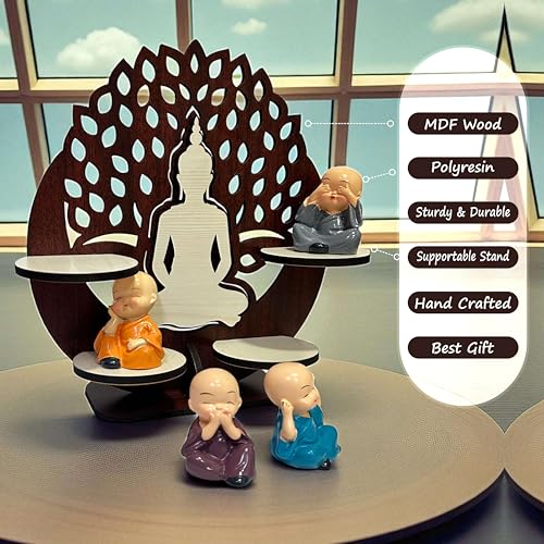 Image of P Arts Buddha Monk Under Tree Showpiece Set of 4 for Home Decor | Monk Tree Statue with Wooden Stand | Meditation Buddha Figurines | Spiritual Gift & Office Table Decor