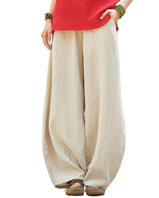 ZOCAVIA Cotton Linen Pants for Women Summer Causal Baggy Wide Leg Pants Waist Elastic Relax Fit Lantern Trouser