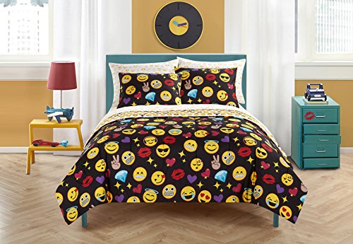 Emoji Pals Bling Bed in A Bag Reversible Comforter Set,Black, Queen