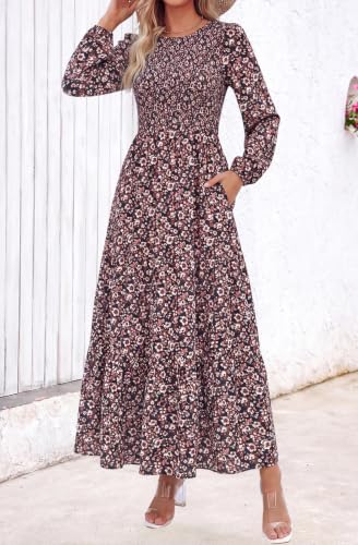 Image of PRETTYGARDEN Women's Fall Dresses 2026 Long Sleeve Flowy Casual Floral Maxi Dress Crew Neck Smocked Tiered Long Dress