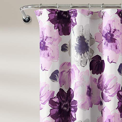 Image of Lush Decor Leah Floral Shower Curtain, 72 inch W x 72 inch L, Gray /Purple - Fabric Shower Curtains - Watercolor Botanical Bathroom Curtain - Farmhouse & French Country Decor