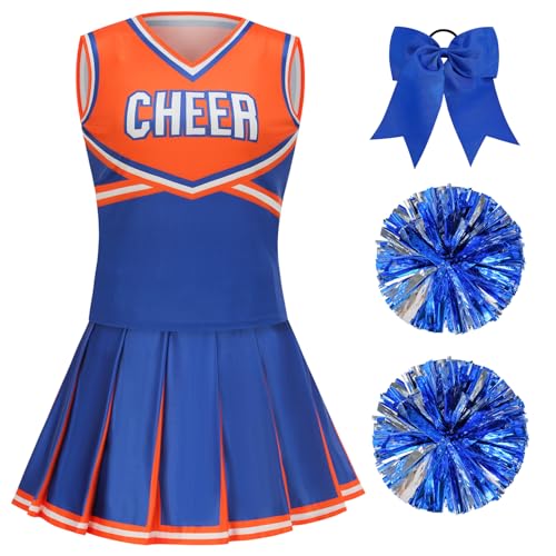 GRAJTCIN Women's Cheerleader Costume Halloween High School Cheer Adult Cheerleading Outfit with Pom Poms (M, Orange & Blue)