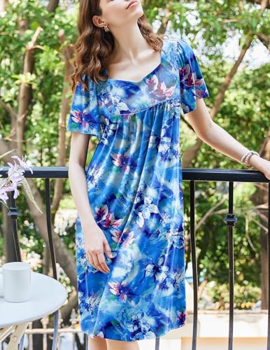 Image of Ekouaer Women's House Dress - Pleated Nightgown with Short Sleeves & Pockets