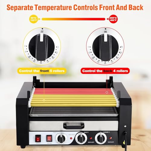 Electric Hot Dog Roller, 9 Rollers Hot Dog Machine, 24 Hot Dogs Capacity, Grill Warmer with Independent Temperature Control, Detachable Glass Hood Cover & Oil Drip Tray, 5-8 Min Quick Cooking