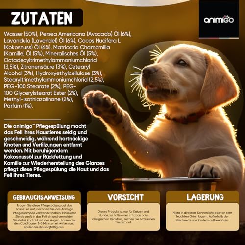 Conditioner für Hunde & Katzen - 500ml Spülung - Mit Kokosöl & Avocadoöl - Für Langhaar & Kurzhaar - Bei Juckreiz, Geruch & trockene Haut - Schonende Fellpflege für Kätzchen & Welpen - Ohne Parfüm