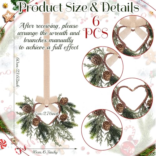 Image of Dingion 6 Pcs 6 inch Christmas Mini Cabinet Cedar Wreaths for Kitchen with Ribbon Bows Artificial Cedar and Pine Cone Small Window Wreath for Window Door Farmhouse Christmas Party Decorations