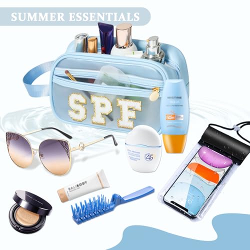 Image of COSHAYSOO Clear Sunscreen Bag Makeup Toiletries Pouch Beach Vacation Essentials Summer Travel Stuff Accessories Personalized Graduation Gifts for Her Women College Teen Girls Teacher Nurse Blue SPF