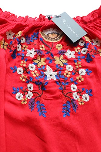 R.Vivimos Womens Floral Embroidered Off Shoulder Long Sleeve Short Dresses Large Red