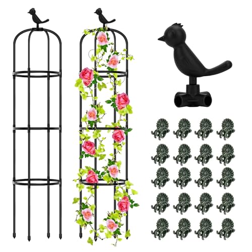 Hysagenek 2PCS Obeliscos de Jardín Enrejados de Plástico, 145 cm Enrejado de Rosas Extraíble con Decoración De Pájaros y 20 Clips para Plantas