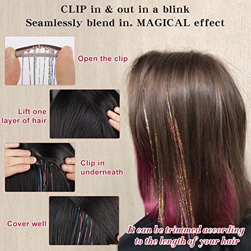 12 Pieces Clip In Hair Tinsel Heat Resistant 19.6 Inch Fairy Pink Hair Extension Tinsel Kit Glitter Hair Tensile Clip In On Sparkling Shiny Colorful Hair Accessories For Women Girls Kids (Pink) #TOP2