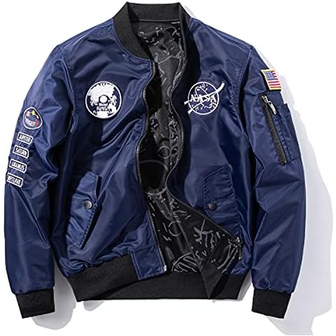CORIRESHA Reversible NASA Bomber Jacket with Embroidery Badges Cover
