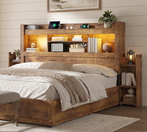 Image of AMERLIFE Queen /Full Size Wood Headboard Only with Storage, Rustic Brown