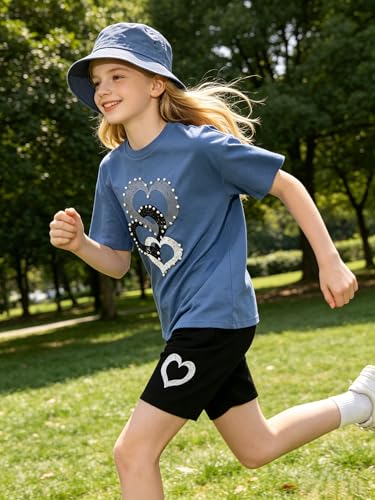 Image of 9-16Y Tween Girl Clothes 2 Piece Short Sleeve Heart Print Top and Shorts Teen Girl Summer Outfits Short Set