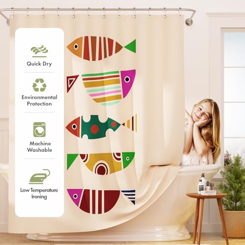 Image of AmazerBath Fish Shower Curtain, Geometric Shaped Fish Bathroom Shower Curtain with 12 Shower Curtain Hooks, Rustic Fabric Shower Curtain Set, 72x72 Inches