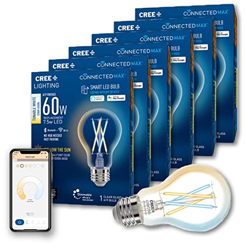 Cree Connected Max Smart Led Vintage Glass Filament Bulb A19 60W Tunable White, 2.4 Ghz, Compatible With Alexa And Google Home, No Hub Required, Bluetooth + Wifi, 6Pk, Clear, Cma19-60W-Al-9Tw-Gl-Mp Cree Connected Max Smart Led Vintage Glass Filament Bulb A19 60W Tunable White, 2.4 Ghz, Compatible With Alexa And Google Home, No Hub Required, Bluetooth + Wifi, 6Pk, Clear, Cma19-60W-Al-9Tw-Gl-Mp