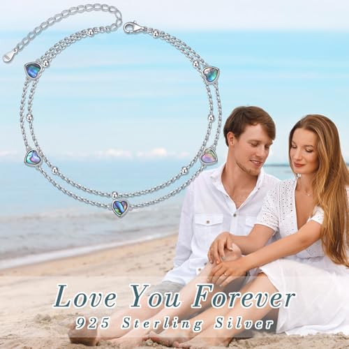 Image of Flyow Anklet for Women S925 Sterling Silver Adjustable Foot Beaded Heart Charm Ankle Bracelet Anklets Jewelry