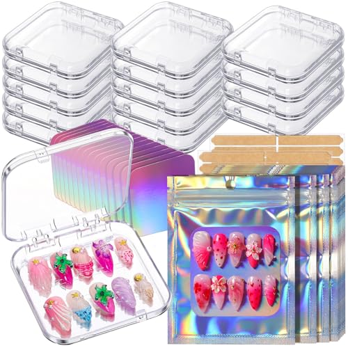 Teenitor Press on Nail Storage Box Press on Nail Packaging with 15 Pcs Acrylic Nail Display Case 15 Sets Holographic Bags & Cards 60 Pcs Double Sided Tape Press on Kit for Small Business Nail Salon