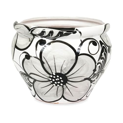 Verano Spanish Ceramics Outdoor Living Terracotta Hand Painted Grey Flower Bola Pot - Decorative New Home Garden Yard Patio Outside Décor Gift Gardening Herb Flower Plant Pot - 25cm x 21cm