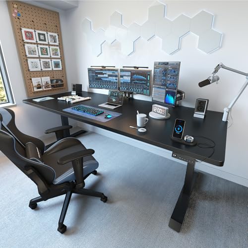 Image of FEZIBO 71 x 37 Inch Standing Desk with Integrated Dual-Beam, Cable Management, 3 Memory Height Adjustable Computer Desk for Home Office Workstation, 1 inch Thick Large 3-Piece Desktop Black