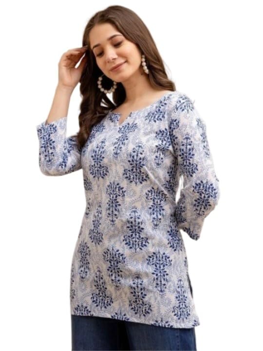 Image of Women's Short Kurti in Multicolor Rayon Cotton Blend | Ladies Ethnic Tunic | Office