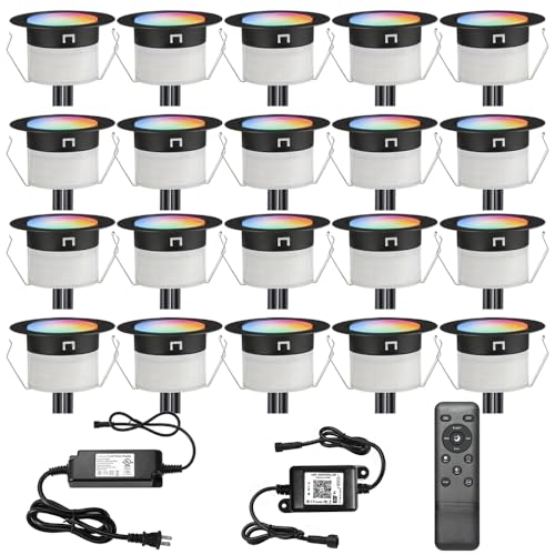 Sumaote LED Deck Lights Kit, 20Pcs 1.22" WiFi Smart Phone Control Recessed RGBW Deck Stair Lighting, IP67 Waterproof Outdoor Low Voltage Landscape Lighting for Steps Path Pool Side, Black