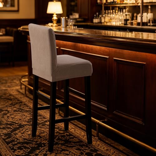 Image of YISUN Waterproof Bar Stool Covers, Stretch Barstool Slipcovers with Backs, Removable Washable Pub Tall Chair Slipcover, Counter Chair Seat Protector Cover, Jacquard Khaki 2 Pack