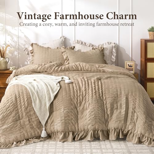 Image of JOLLYVOGUE King Size Comforter Set, 3 Pieces Khaki Seersucker Comforters King Size, Lightweight & Fluffy Bedding Sets King for All Season with 1 Ruffle Comforter and 2 Ruffle Pillowshams