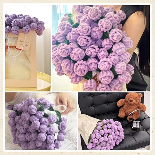 Manta de ramo de flores de ganchillo hecha a mano morada de 40 pulgadas 7
