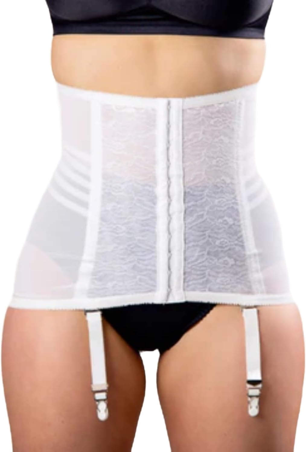Rago Style 21 Waist Trainer Girdle with Garters | Firm Control Power Net | Made in USA | Contour Bands + Flexible Boning | White/L/30