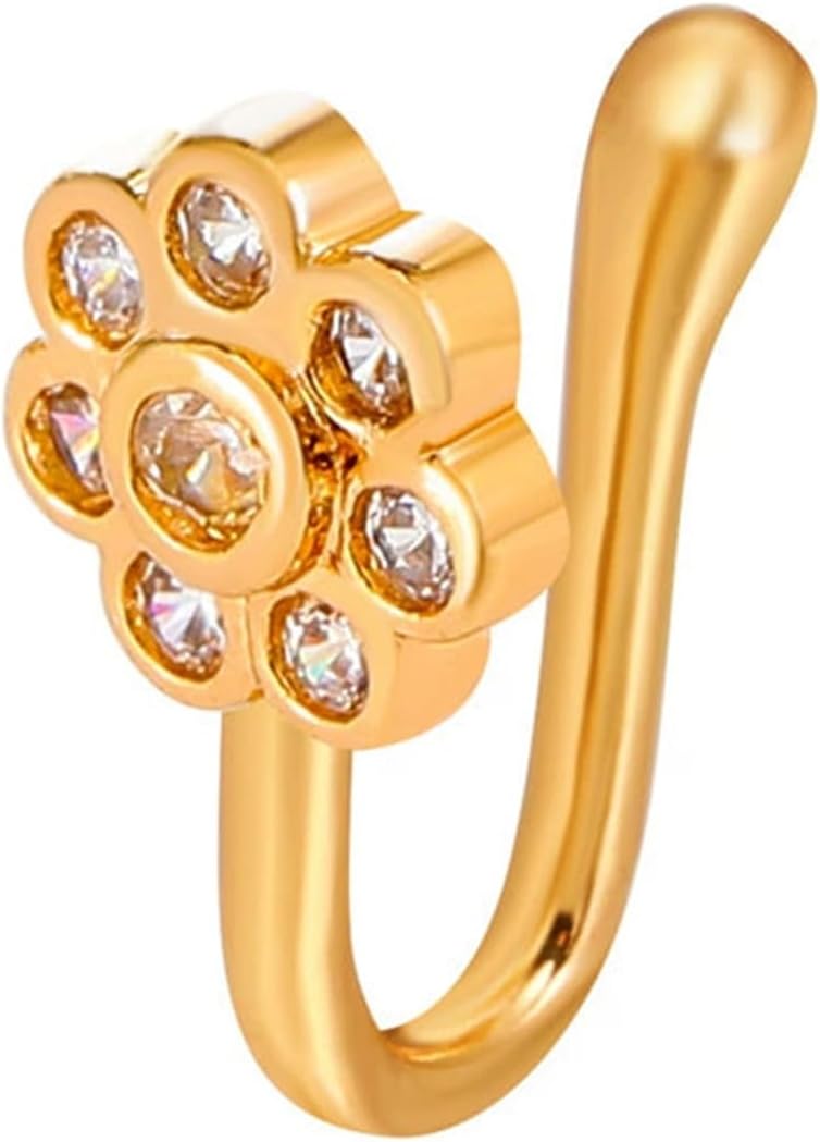 Crystal Flower Nose Ring Gold Fake Septum Nose Rings Cz Flower Nose Cuff Tiny Floral Nose Rings Studs U Shaped Clip on Nose Stud Jewelry for Women and Girls
