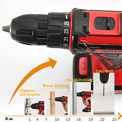 36V Cordless Drill,Electric Power Drill Set With 2 Battery & Charger And Charger+24 Pcs, 3/8-Inch Keyless Chuck,Variable Speed,Max Torque 40Nm For Drilling And Tightening/Loosening Screws(Red) #TOP4