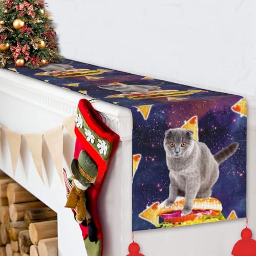Chemin de table de Noël avec pompon et motif chat hamburger - 7