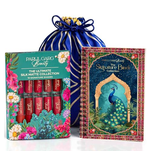 Image of Parul Garg Beauty All-Time Favourites Gift Pack | Bindi Book, 10 Mini Lipstick Pack & Blue Potli | Luxury Beauty Gift Set for Women | Ideal for Bridal, Festive & Everyday Glam Looks