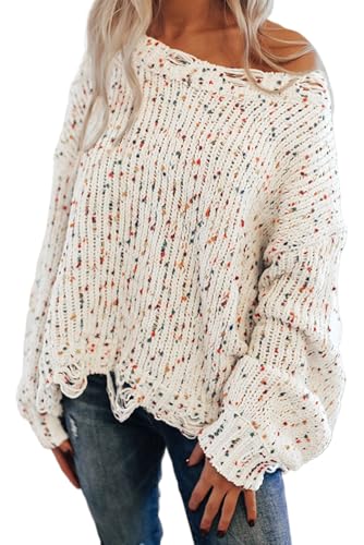 Stylish Long Sleeve Sweater: White with Colorful Confetti Knit