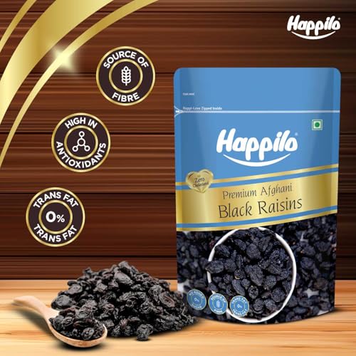 Image of Happilo Premium Afghani Black Raisins with Seed 250g | Kali Kishmish /Kismis | Dry Fruits, Healthy Snacks | Rich in Fiber, Potassium & Antioxidants | Tasty & Nutritious (Pack of 3)