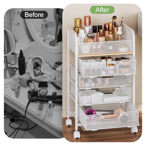 Hongtamoya Makeup Cart Organizer with 4 Drawers, Large Floor Skincare Organizers, Vanity Storage Organizer Cosmetics Display Cases for Skin Care Perfume Nail Polish, White by Hongtamoya - Image 5