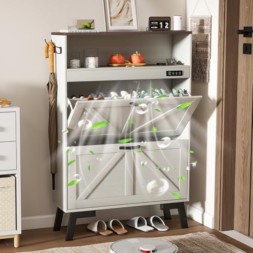 Shoe Storage Cabinet, Deodorizing Shoe Cabinet with Ventilation, 2 Flip Drawers&Adjustable Shelf, Narrow White Tall Cabinet for Entryway, Freestanding Organizer with Anti-Tip,Entryway Hidden Shoe Rack