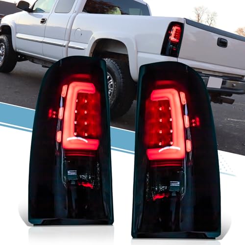 VPIMOZO LED Tail Light Assembly Compatible With 99-06 Silverado 1500 1500HD 2500 2500HD 3500 99-02 GMC Sierra 1500 1500HD 2500 2500HD 3500 Rear Brake Lamps w/Wiring Harness Smoke Black housing