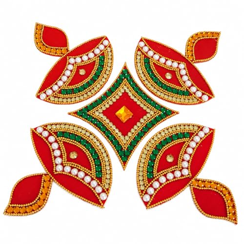Image of 078 Red Designer Handcrafted Decorative Diwali Rearrangable Kundan Rangoli for Floor Decoration Set of 5pcs,Plastic