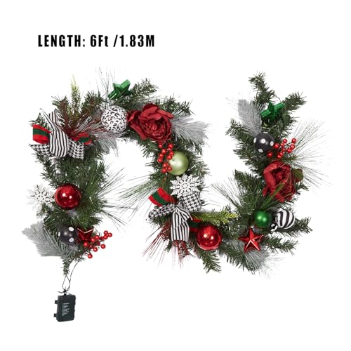 GarveeHome Prelit Christmas Garland for Mantle, 6ft Battery Operated Xmas Garland with 20 LED Lights Timer Red Green Balls for Fireplace Stair Railing TV Stand Indoor Outdoor Holiday Decor