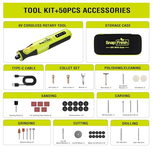Image of SnapFresh 8V Cordless Rotary Tool Kit, 28,000 RPM 5-Speed Mini Electric Multi-Tool with LED Light, USB-C Rechargeable, 46 Accessories & Carry Bag, Lightweight for DIY Crafts & Dog Nail Grinding