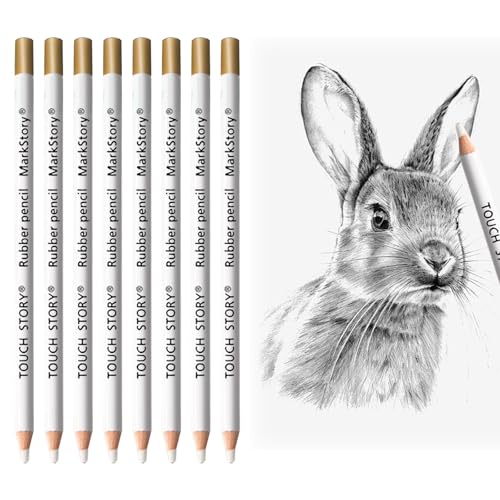 SSKHE 8 PCS Highlight Eraser Pencil for Artists, eraser drawing pencil with a sharpener, Wooden Sketch Eraser Pen, eraser pencils for Sketching Portrait Revise Details
