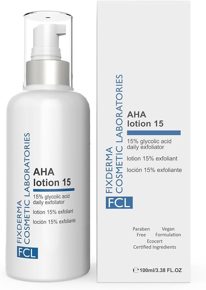 FIXDERMA COSMETIC LABORATORIES 15% Glycolic Acid AHA Lotion for Body and Face | Dead Skin Remover | Paraben free AHA Exfoliating Lotion for Dry, Itchy and Rough Skin - 100ml