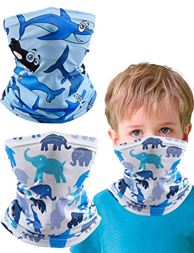 2 Pcs Kids Neck Gaiter Balaclava, Summer Face Cover Bandana, Mask Toddler Half Face Protective Reusable Infinity Scarf, Gifts for Girls Boys, Baby Headwear For Fishing,Hiking Elephant Shark